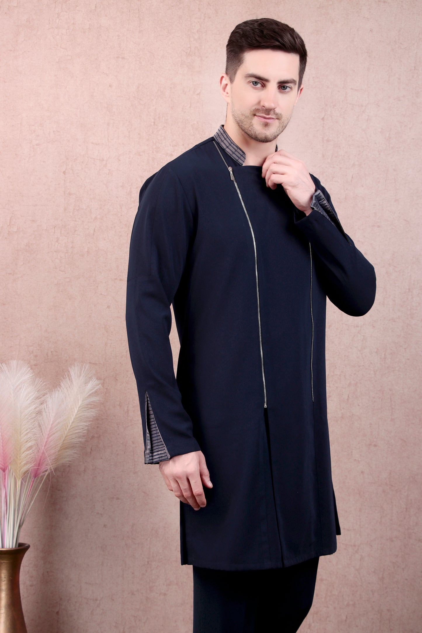 Detail view 3 - Men’s Kurta Set – Asymmetric Zip Placket in Navy with Band Collar & Contrast Lining