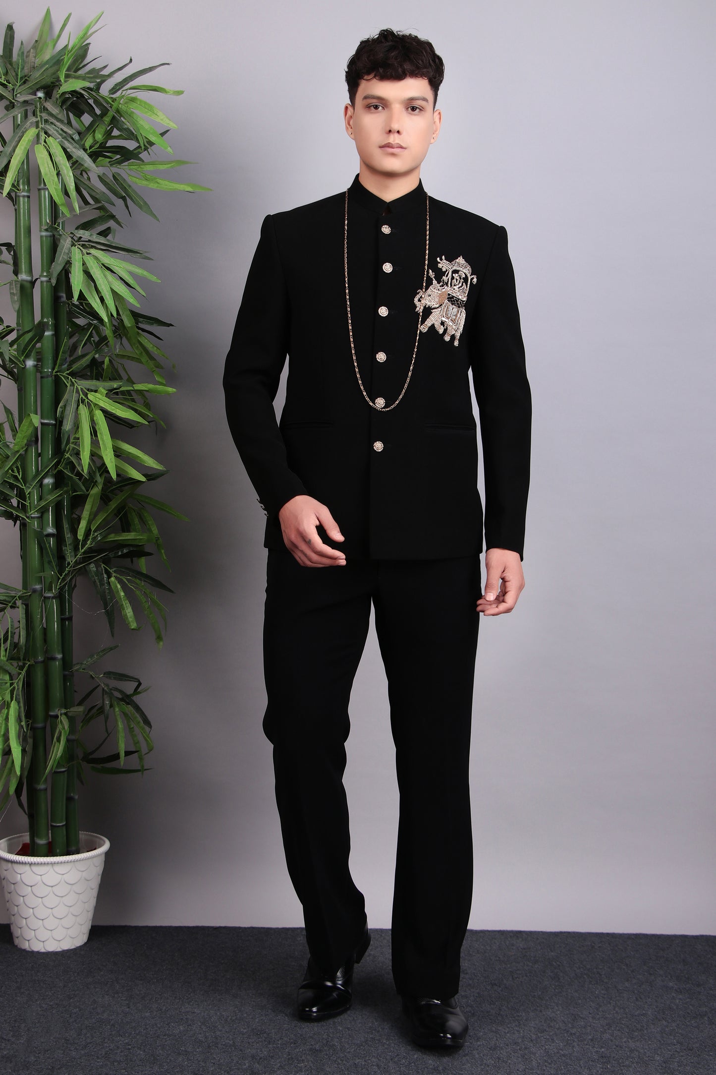 Front view - Men’s Bandhgala – Japanese Lycra in Black with Patch Motif Embroidery