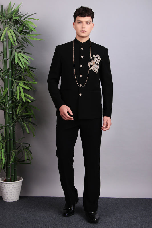 Front view - Men’s Bandhgala – Japanese Lycra in Black with Patch Motif Embroidery