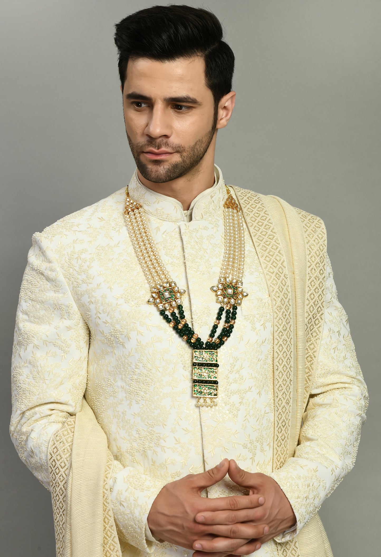 Detail view 2 - Men’s Sherwani – Silk in Cream with Detailed Hand Embroidery