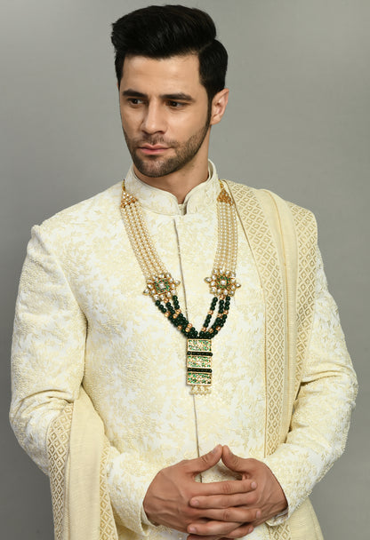 Men’s Sherwani – Silk in Cream with Detailed Hand Embroidery | One Man Show