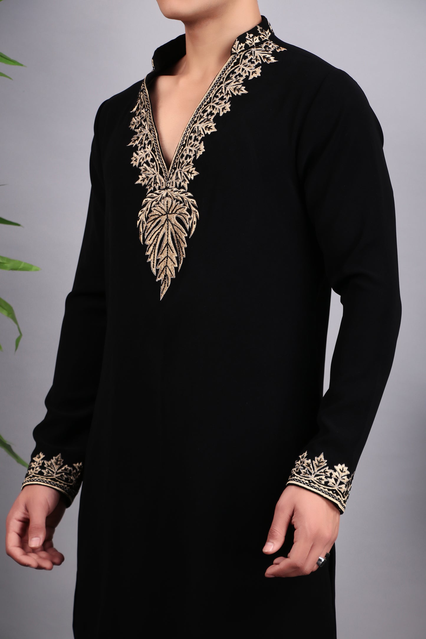 Detail view 2 - Men’s Kurta Set – Korean Wrinkle-Free in Black with Golden Zari Thread Embroidery