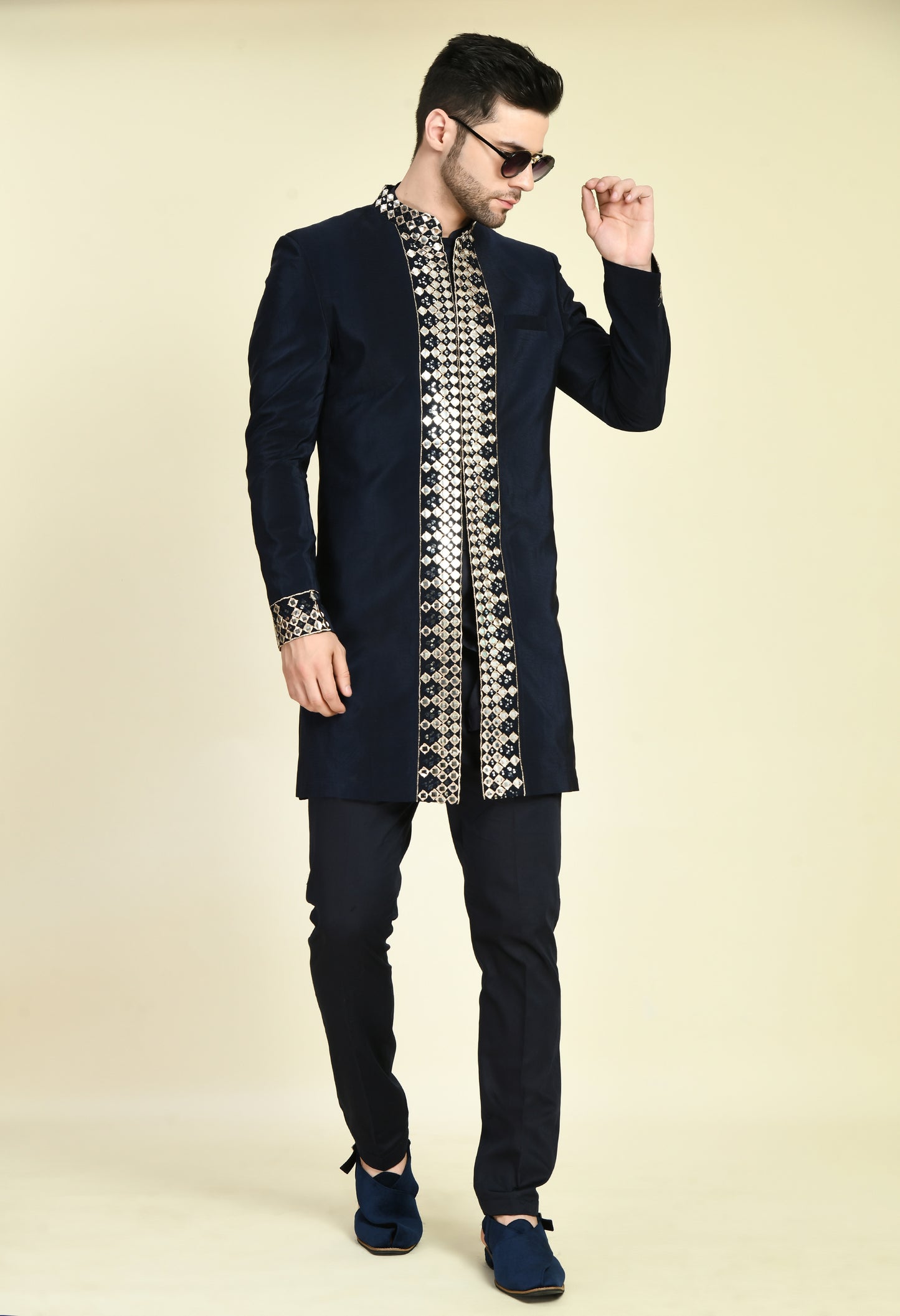 Front view - Men’s Indo-Western – Silk Crepe in Navy Blue with Mirror Work Embroidery
