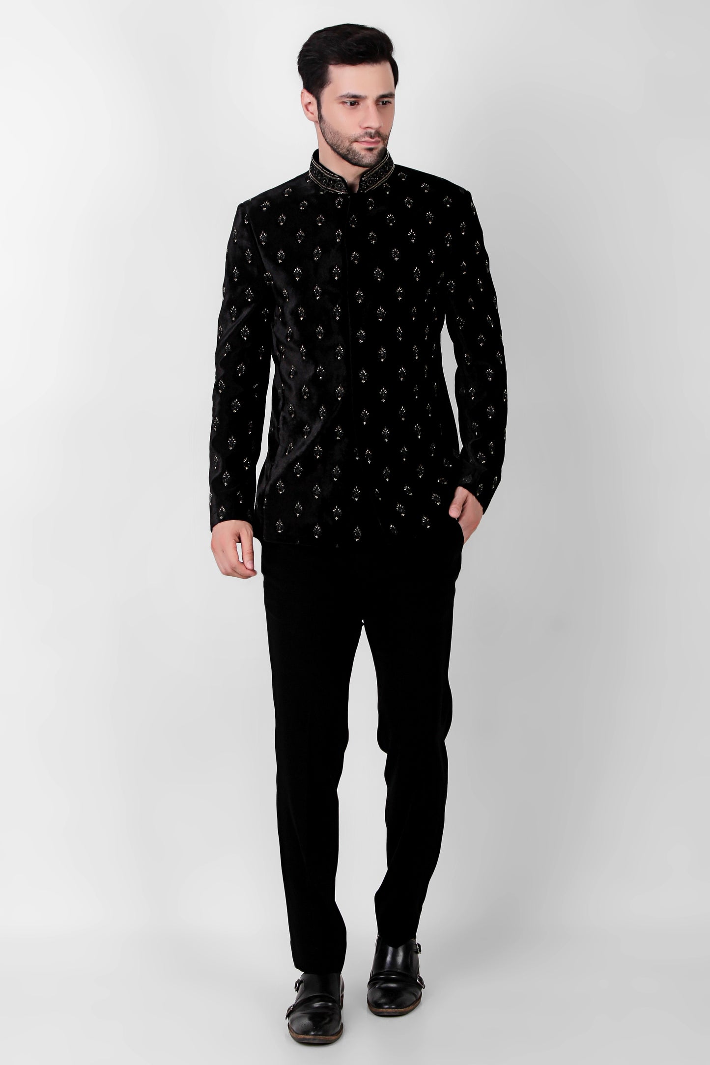 Front view - Men’s Bandhgala – Velvet in Black with Floral Motif Embroidery