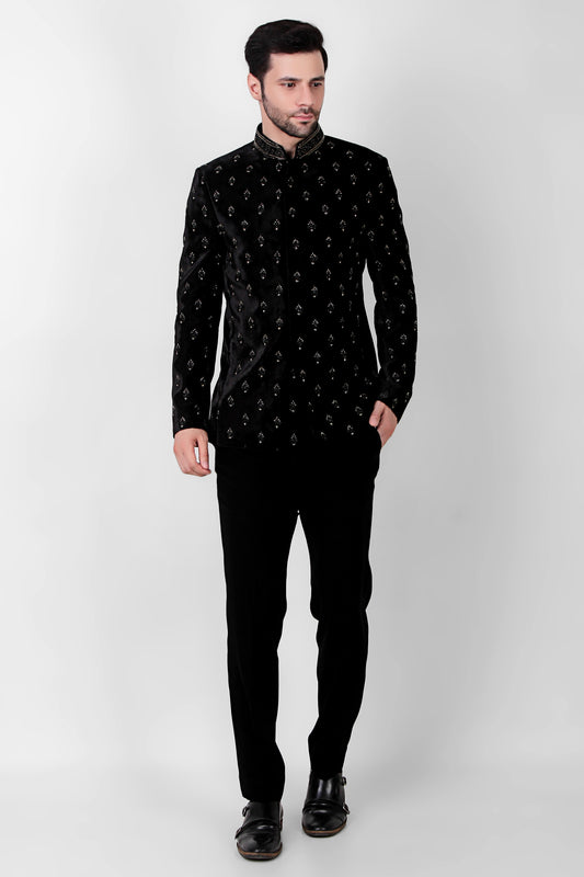 Men’s Bandhgala – Velvet in Black with Floral Motif Embroidery | One Man Show