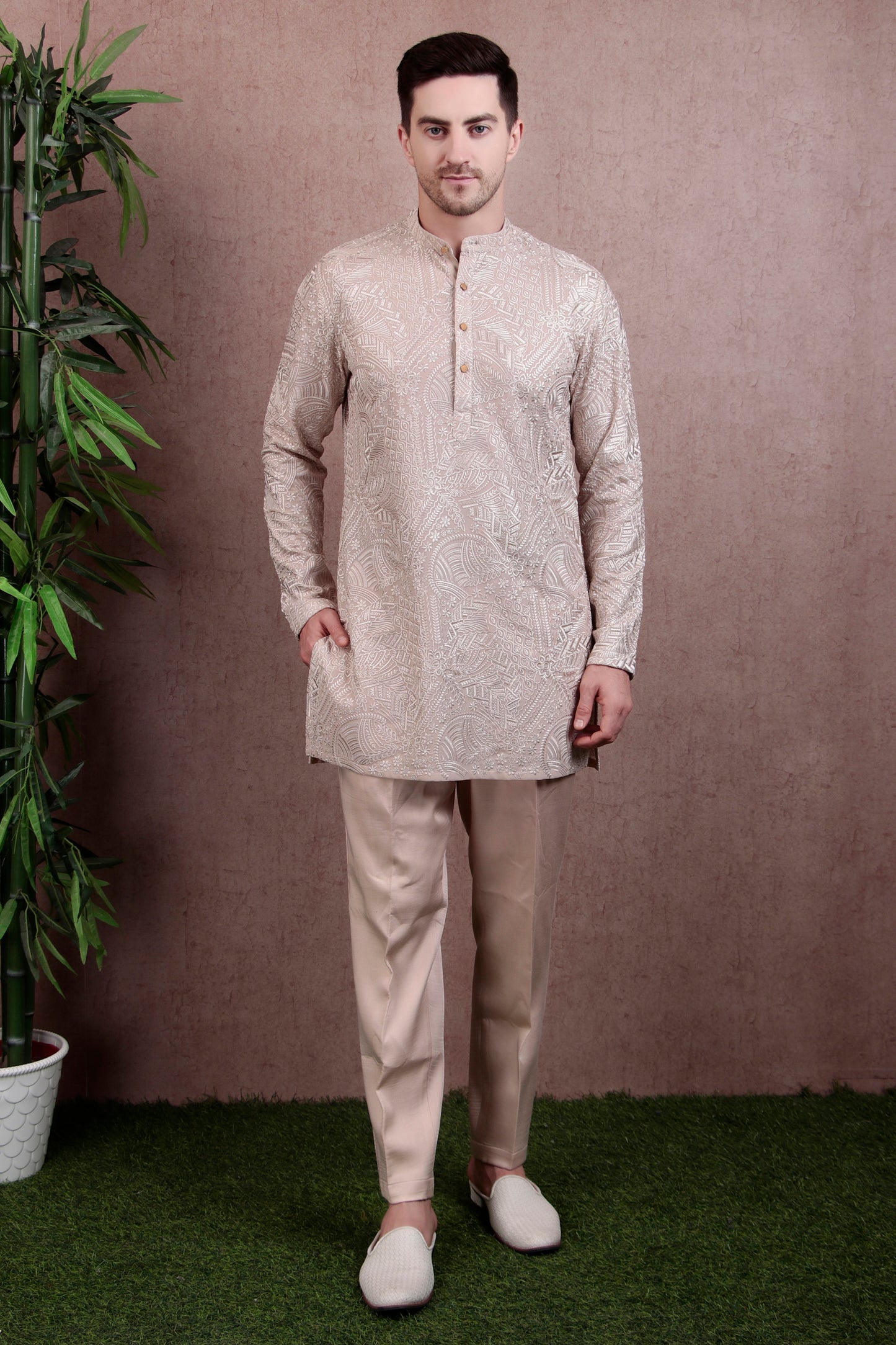 Detail view 3 - Men’s Kurta Set – Silk in Beige with Silk Thread Embroidered Jacket over Georgette Kurta