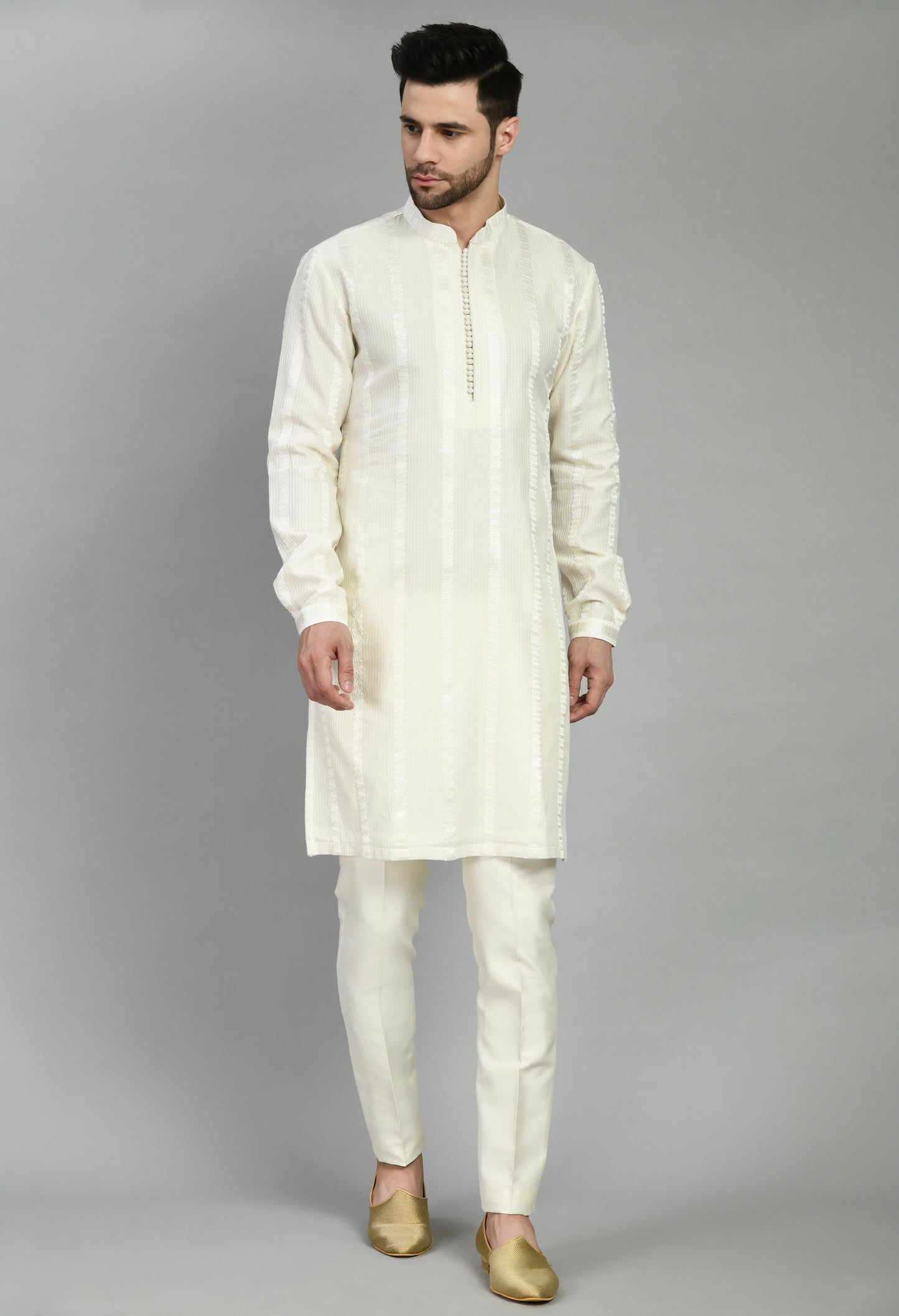 Side view - Men’s Nehru Jacket – Silk in Blue with Floral Motif Embroidery