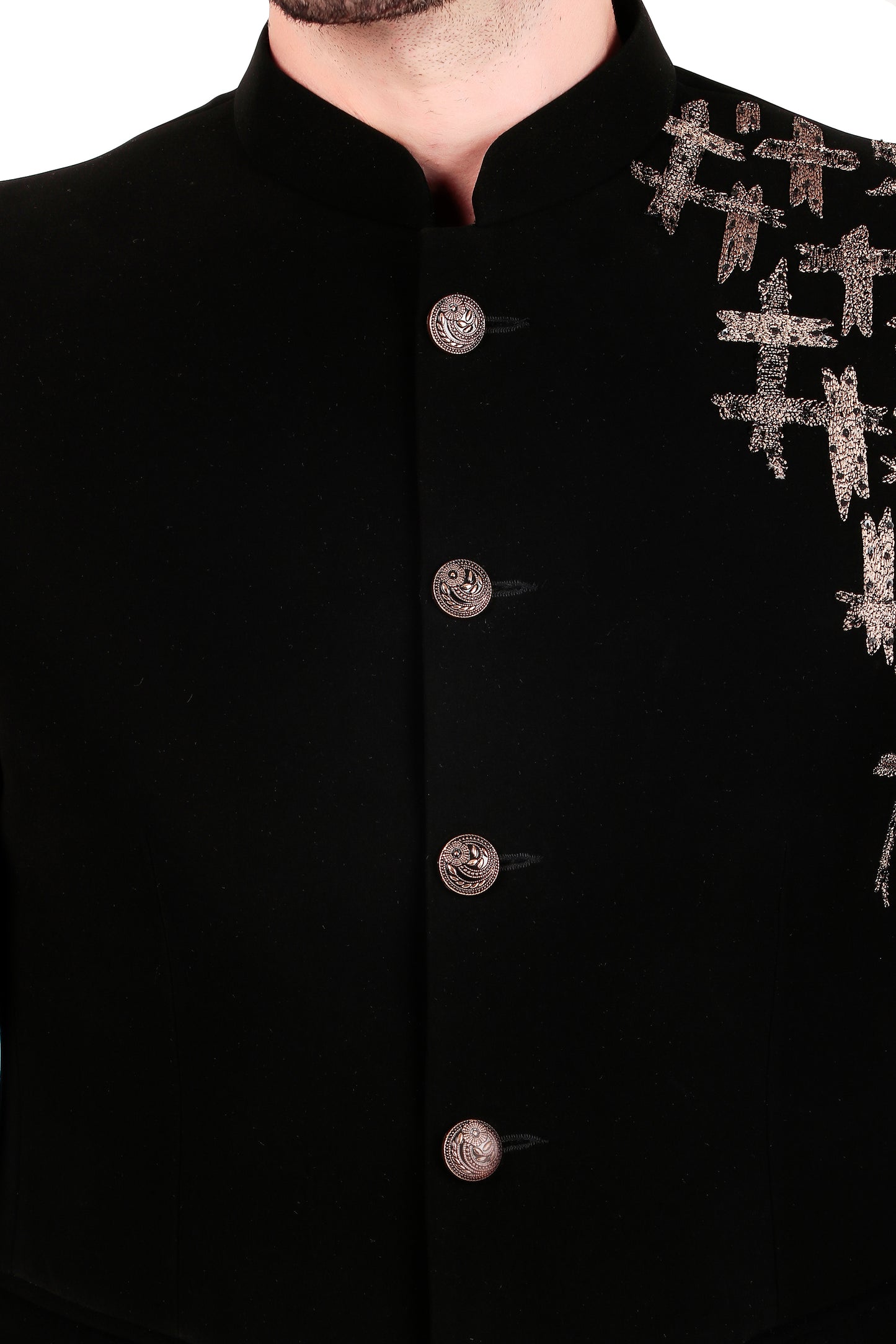 Detail view 3 - Men’s Bandhgala – Japanese Lycra in Black with Zari Embroidery