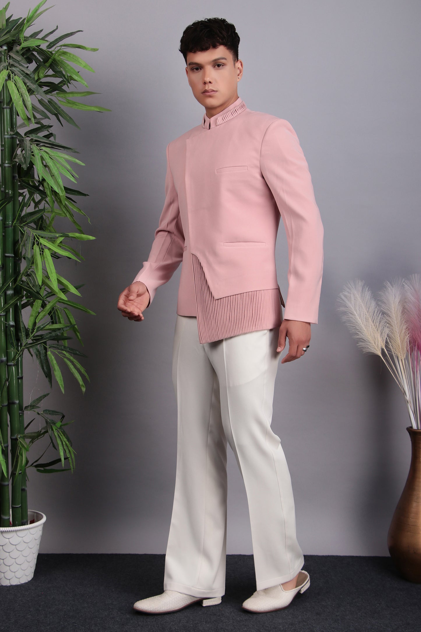 Back view - Men’s Bandhgala – Japanese Lycra in Pink with Modern Abstract Cut