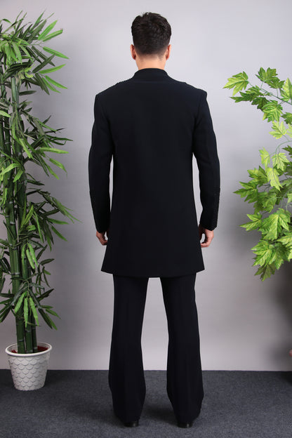 Men’s Indo-Western – Japanese Lycra in Midnight Blue with Beads and Stones Embroidery | One Man Show