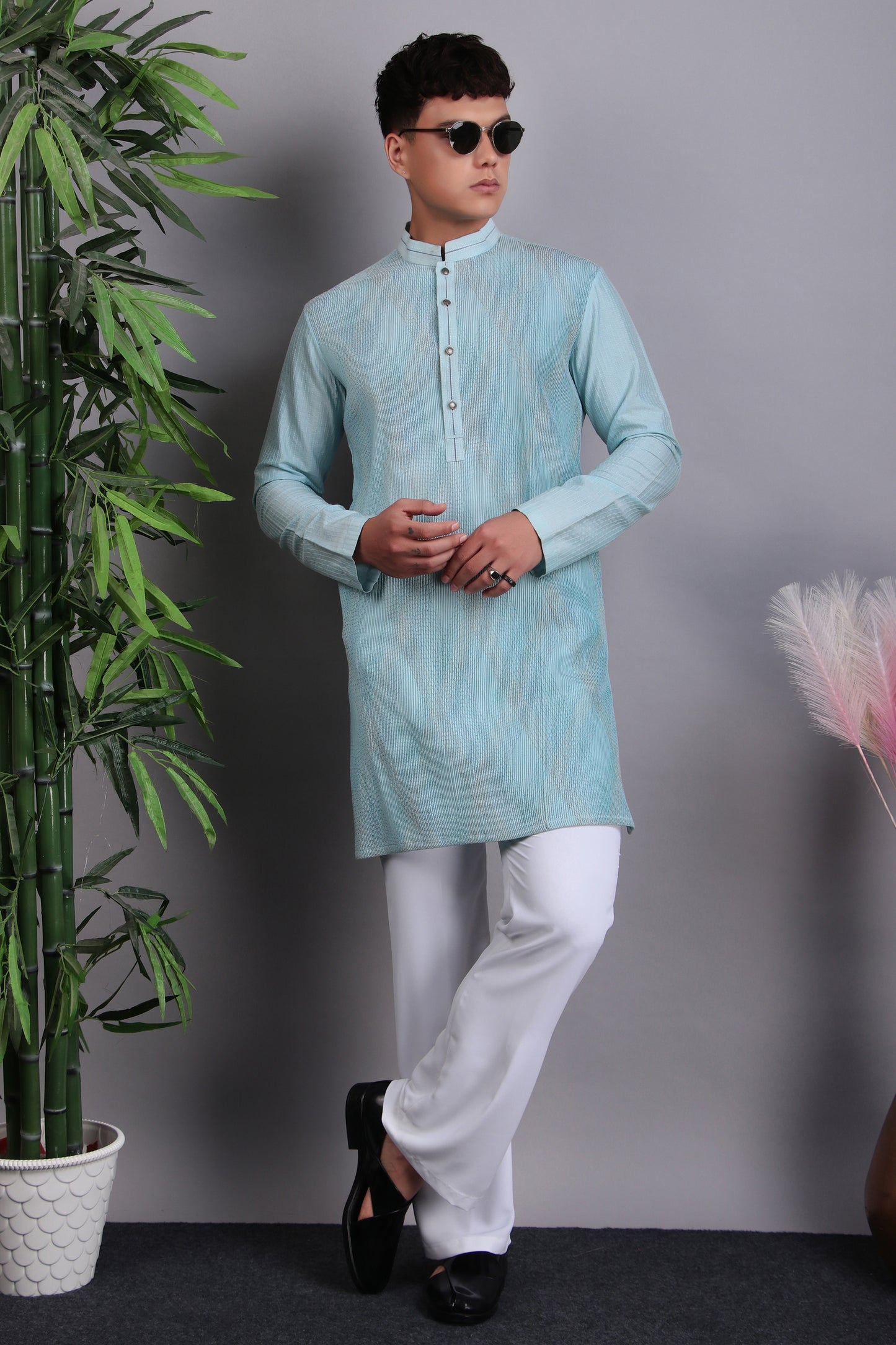 Detail view 3 - Men’s Kurta Set – Silk Cotton in Blue with Thread Work and Pintex Fabric Manipulation