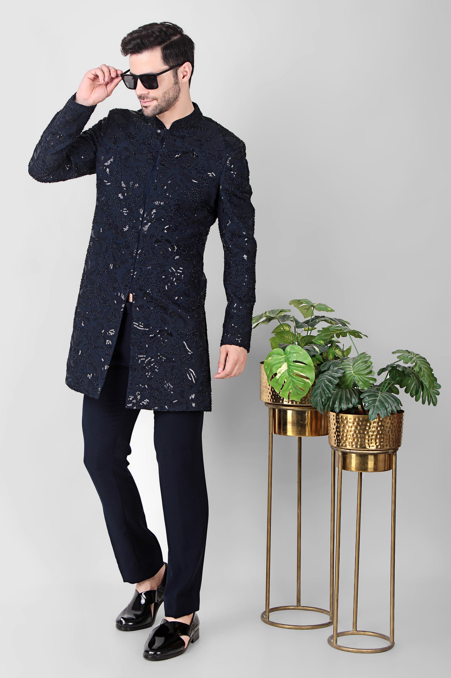 Detail view 3 - Men’s Indo-Western – Silk Georgette in Navy Blue with Beads and Sequins Embroidery