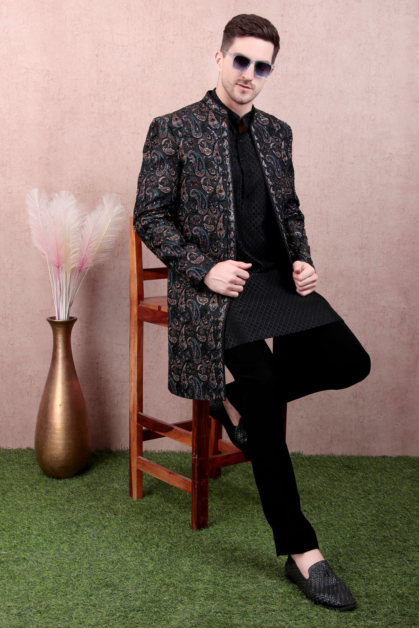 Back view - Men’s Sherwani – Georgette in Black with Silk Thread Paisley Embroidery