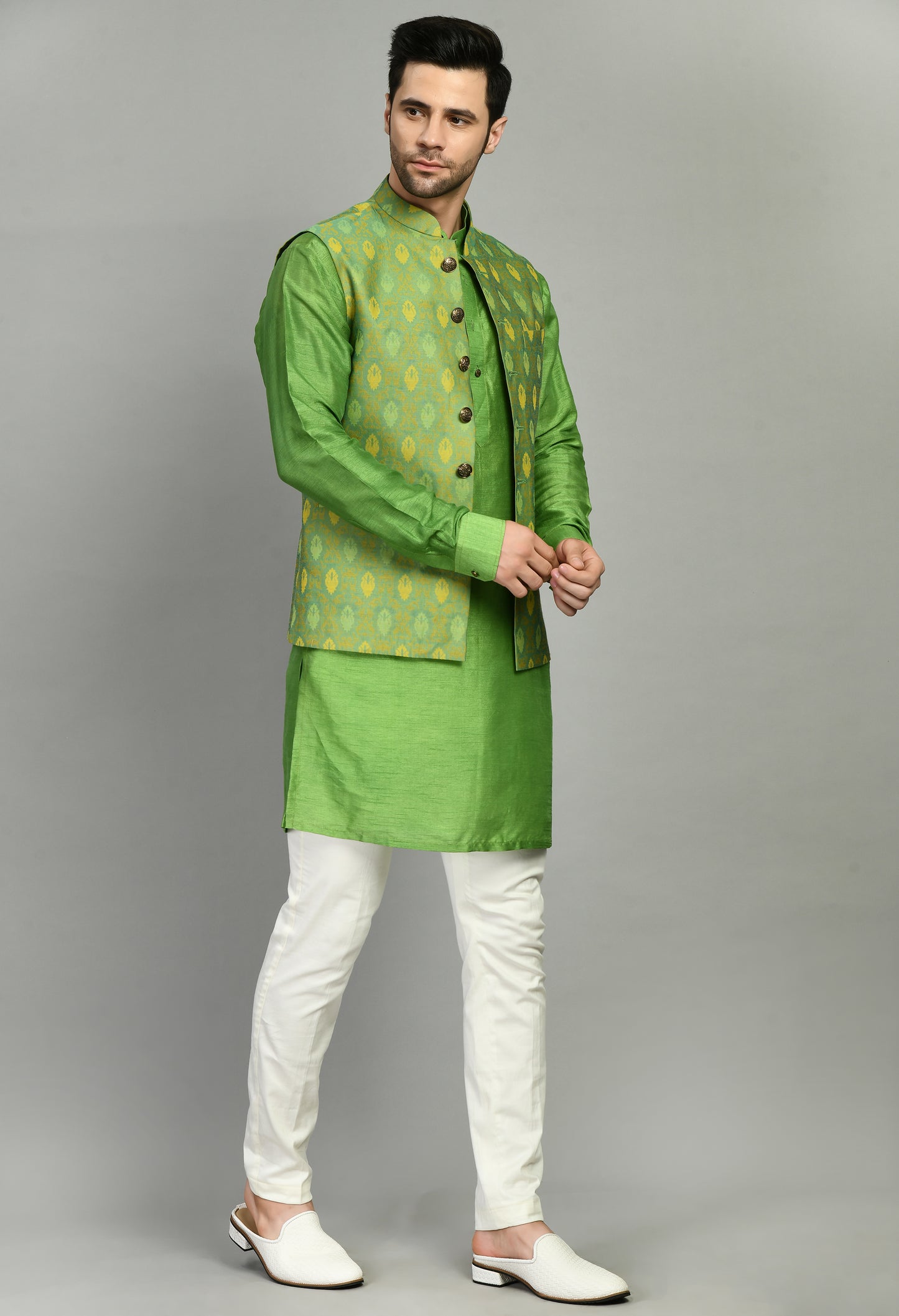 Front view - Men’s Nehru Jacket – Silk Jaquard in Green with Front Open Design