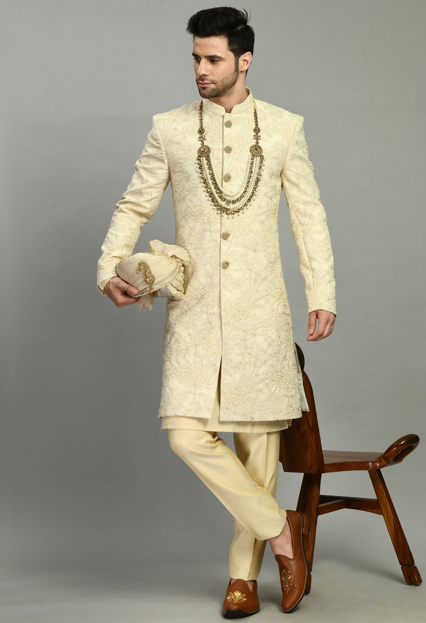 Back view - Men’s Sherwani – Silk in Cream with Detailed Hand Embroidery
