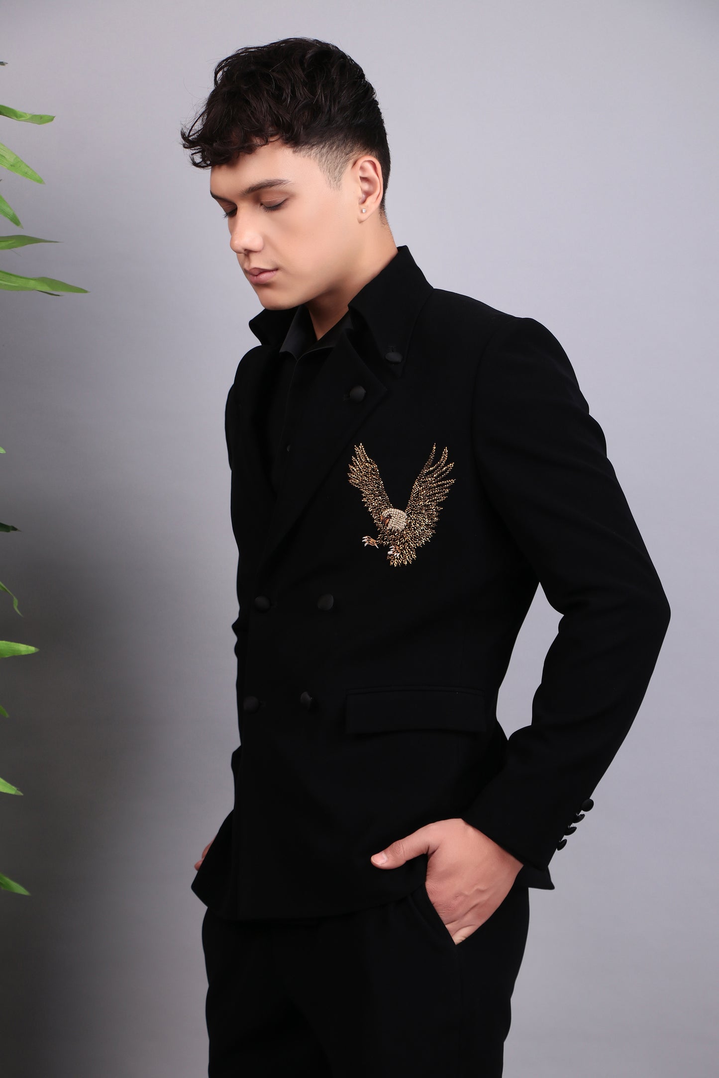 Detail view 5 - Men’s Tuxedo – Japanese Lycra in Black with Eagle Motif Embroidery