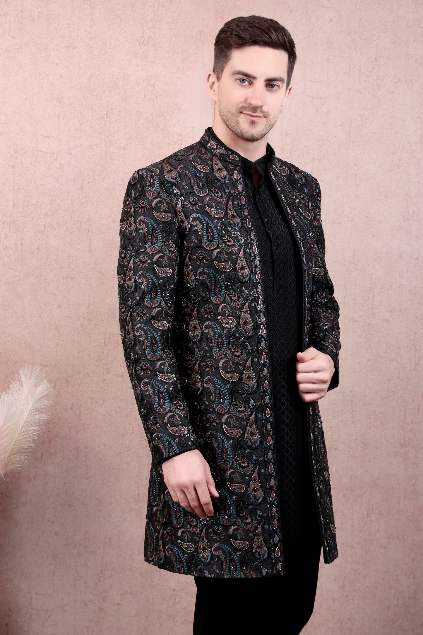 Detail view 4 - Men’s Sherwani – Georgette in Black with Silk Thread Paisley Embroidery
