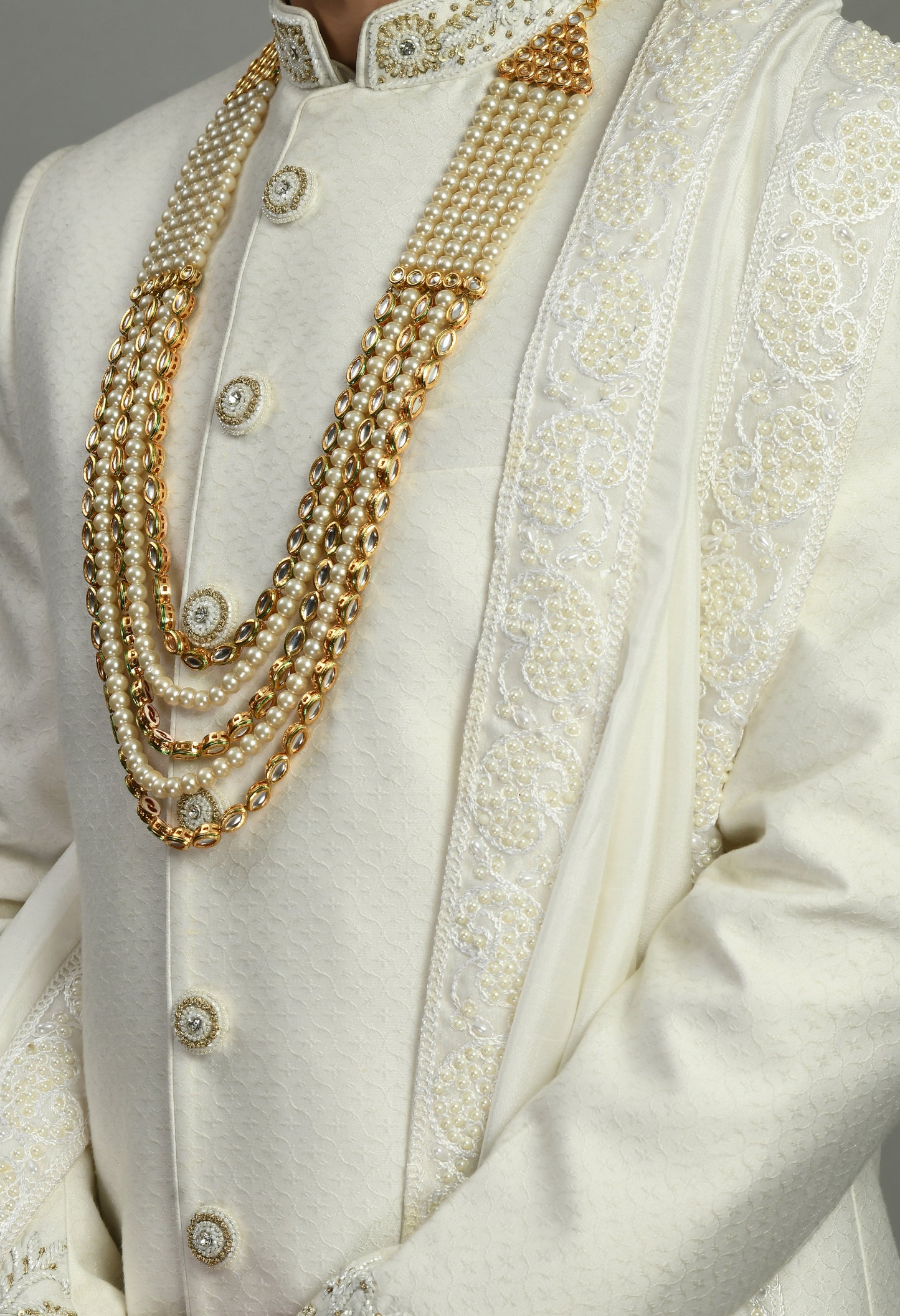 Side view - Men’s Sherwani – Silk in Ivory with Detailed Hand Embroidery