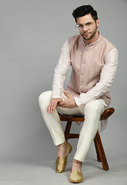 Men’s Nehru Jacket – Silk Georgette in Pink with Thread and Sequins Embroidery | One Man Show