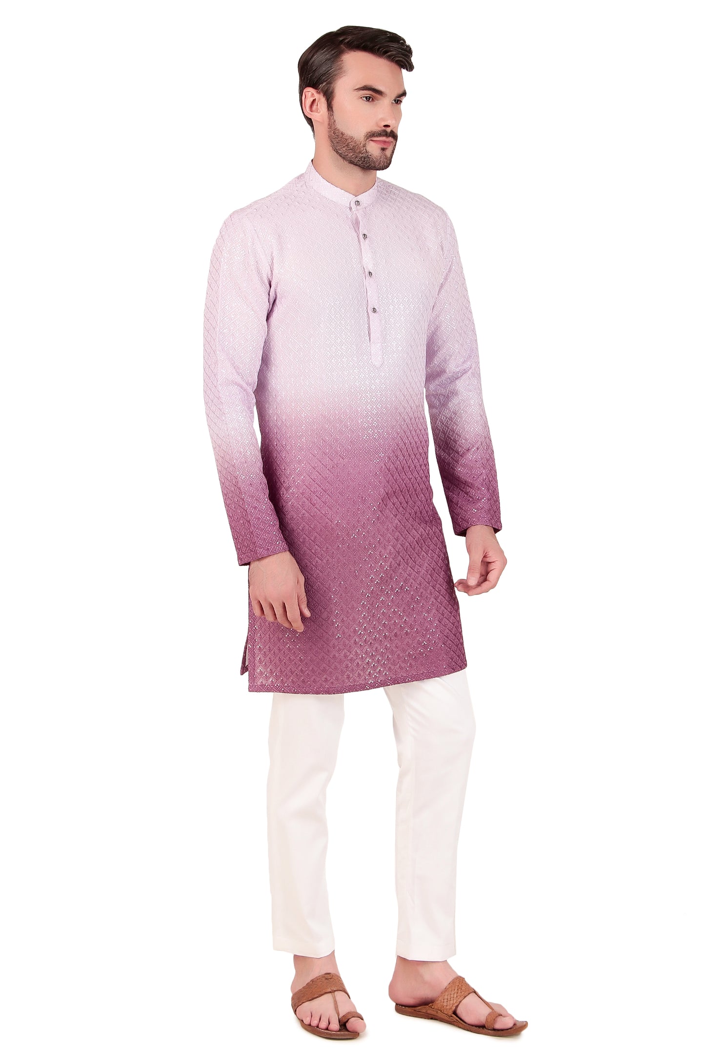 Back view - Men’s Kurta Set – Silk Georgette Embroidery in Pink with Ombre Dye
