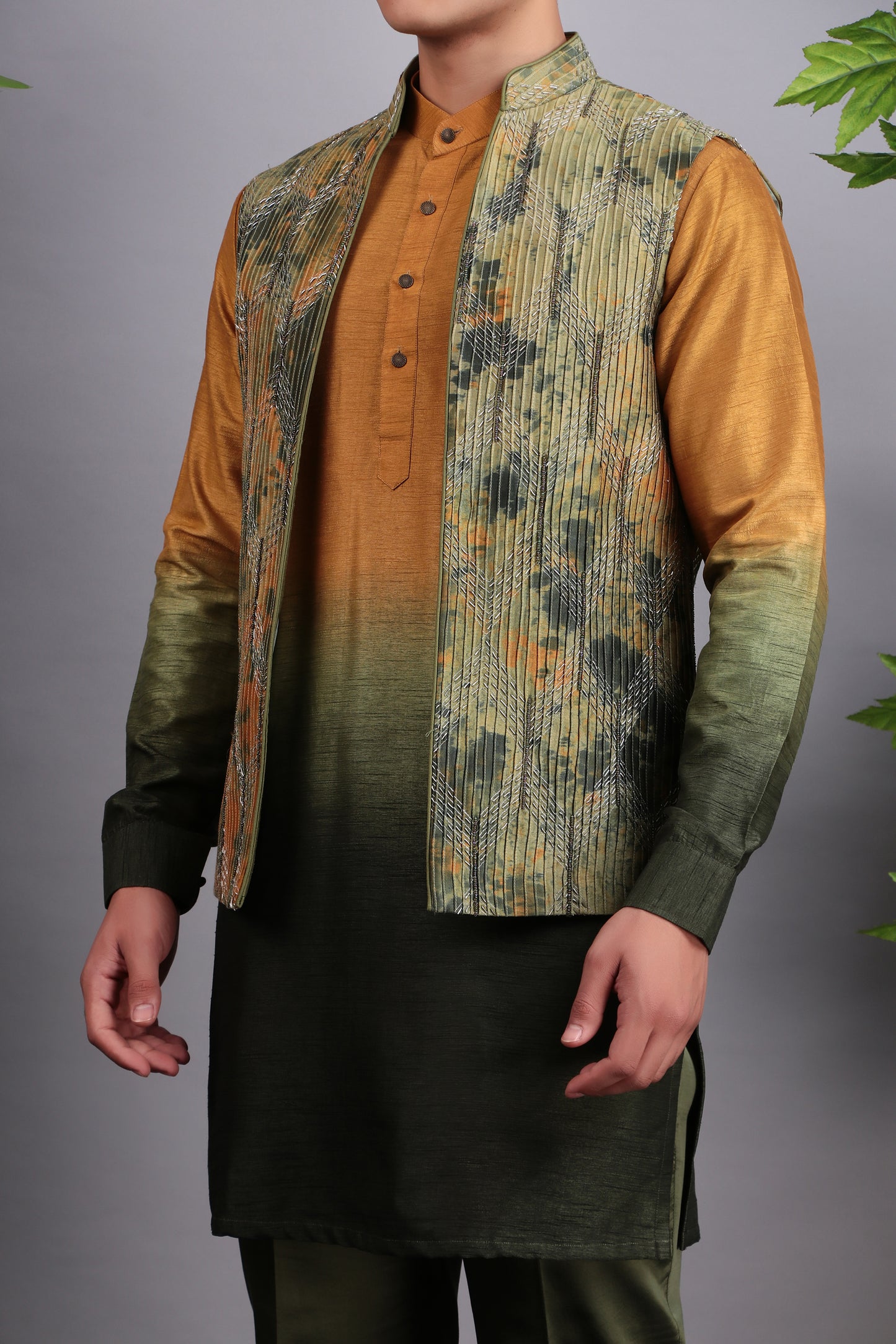Detail view 3 - Men’s Nehru Jacket – Viscose Silk in Green and Yellow with Ombre Dye and Hand Embroidery