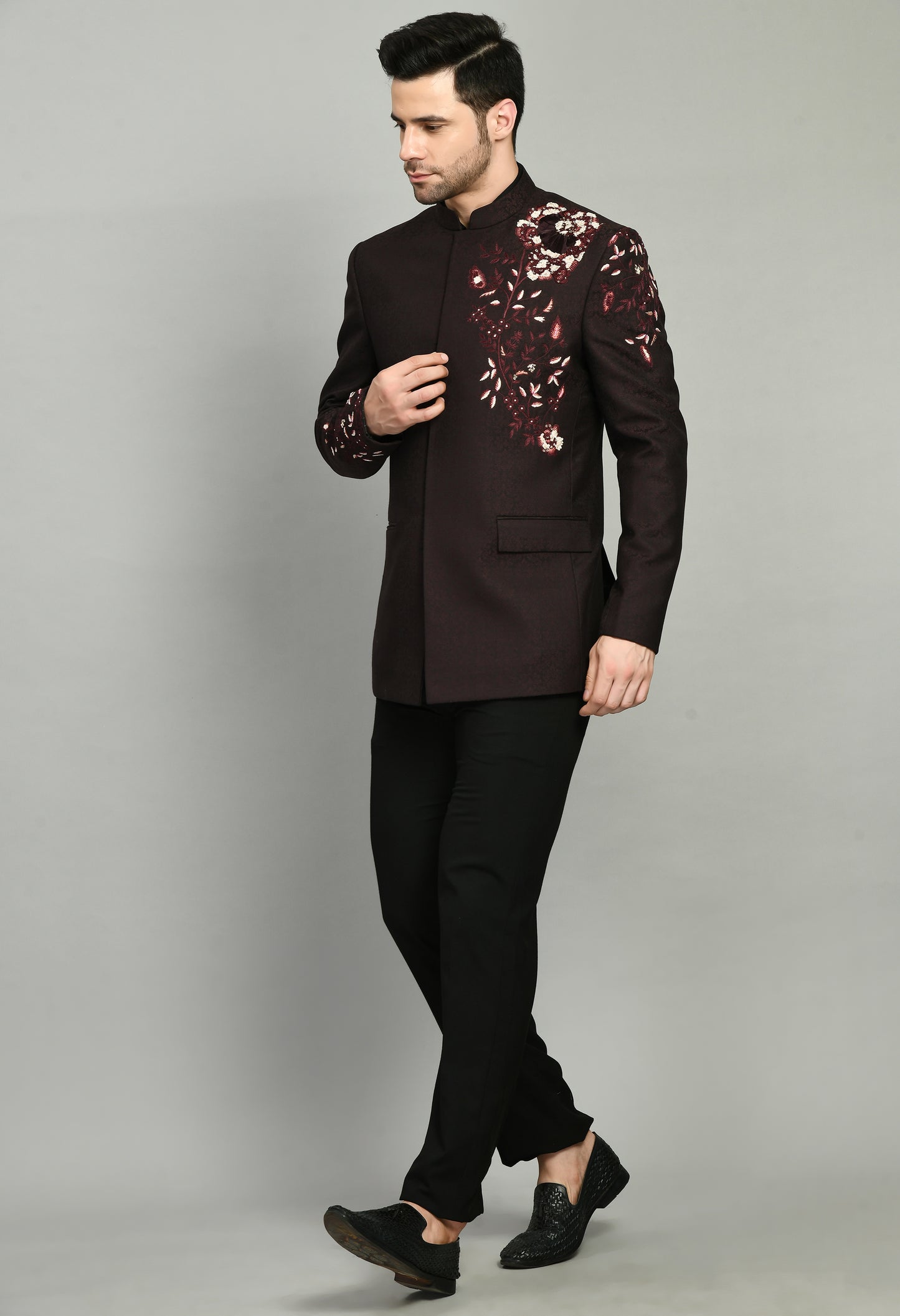 Back view - Men’s Bandhgala – Jaquard Suiting in Wine with Shoulder Embroidery
