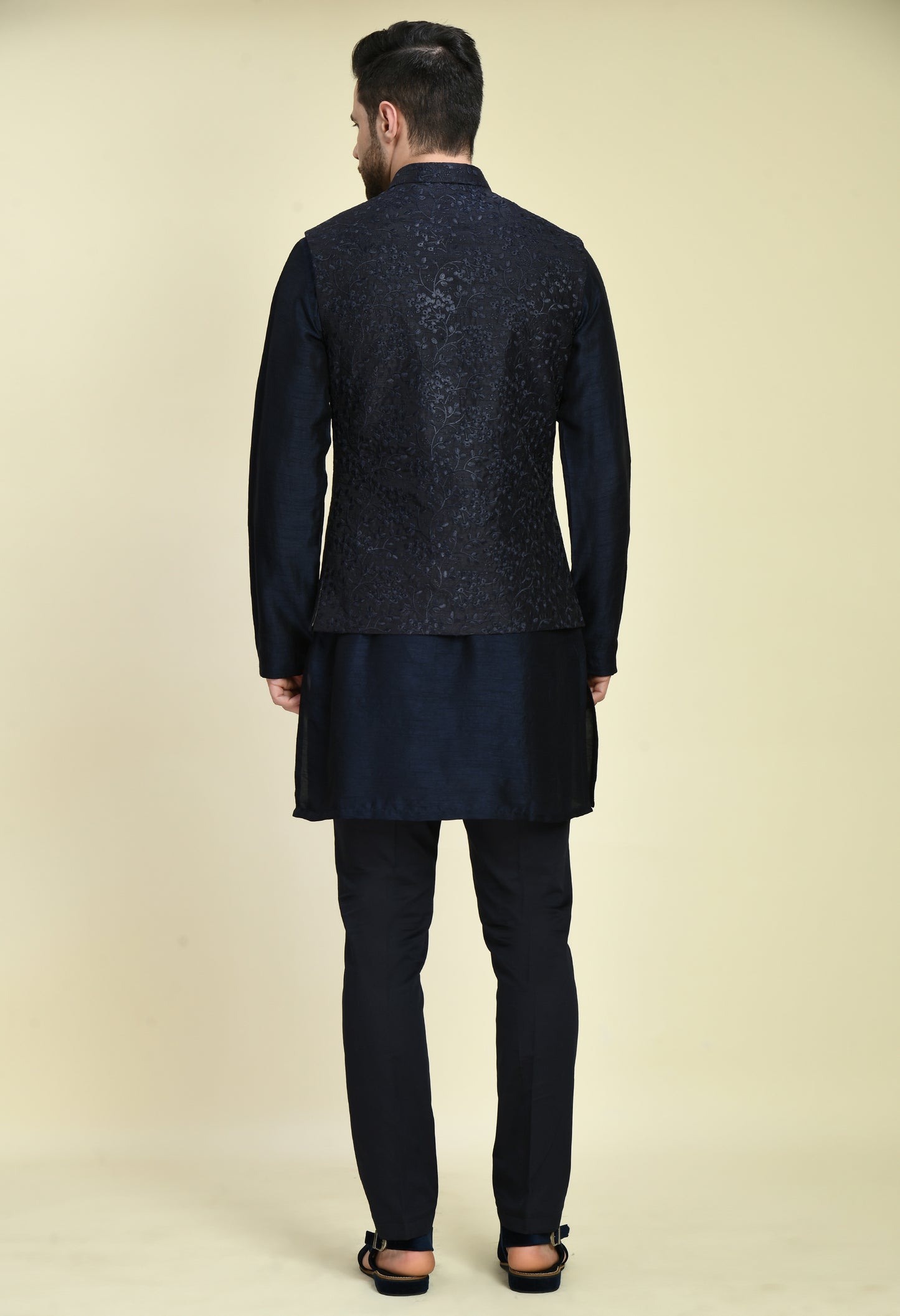 Detail view 1 - Men’s Nehru Jacket – Silk in Blue with Silk Thread Embroidery