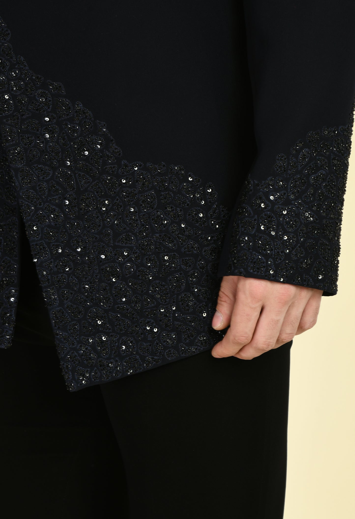 Detail view 1 - Men’s Bandhgala – Japanese Lycra in Black with Angrakha Front and Abstract Embroidery