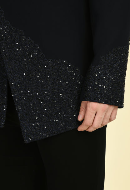 Men’s Bandhgala – Japanese Lycra in Black with Angrakha Front and Abstract Embroidery | One Man Show