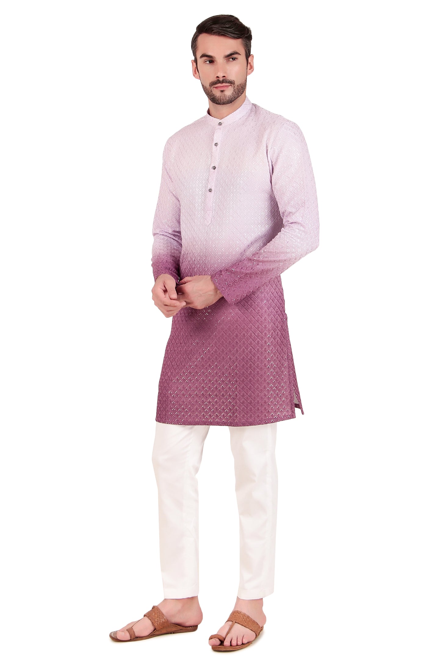 Detail view 1 - Men’s Kurta Set – Silk Georgette Embroidery in Pink with Ombre Dye