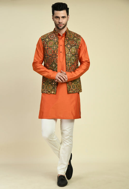 Front view - Men’s Nehru Jacket – Silk Georgette in Orange with Silk Thread Embroidery