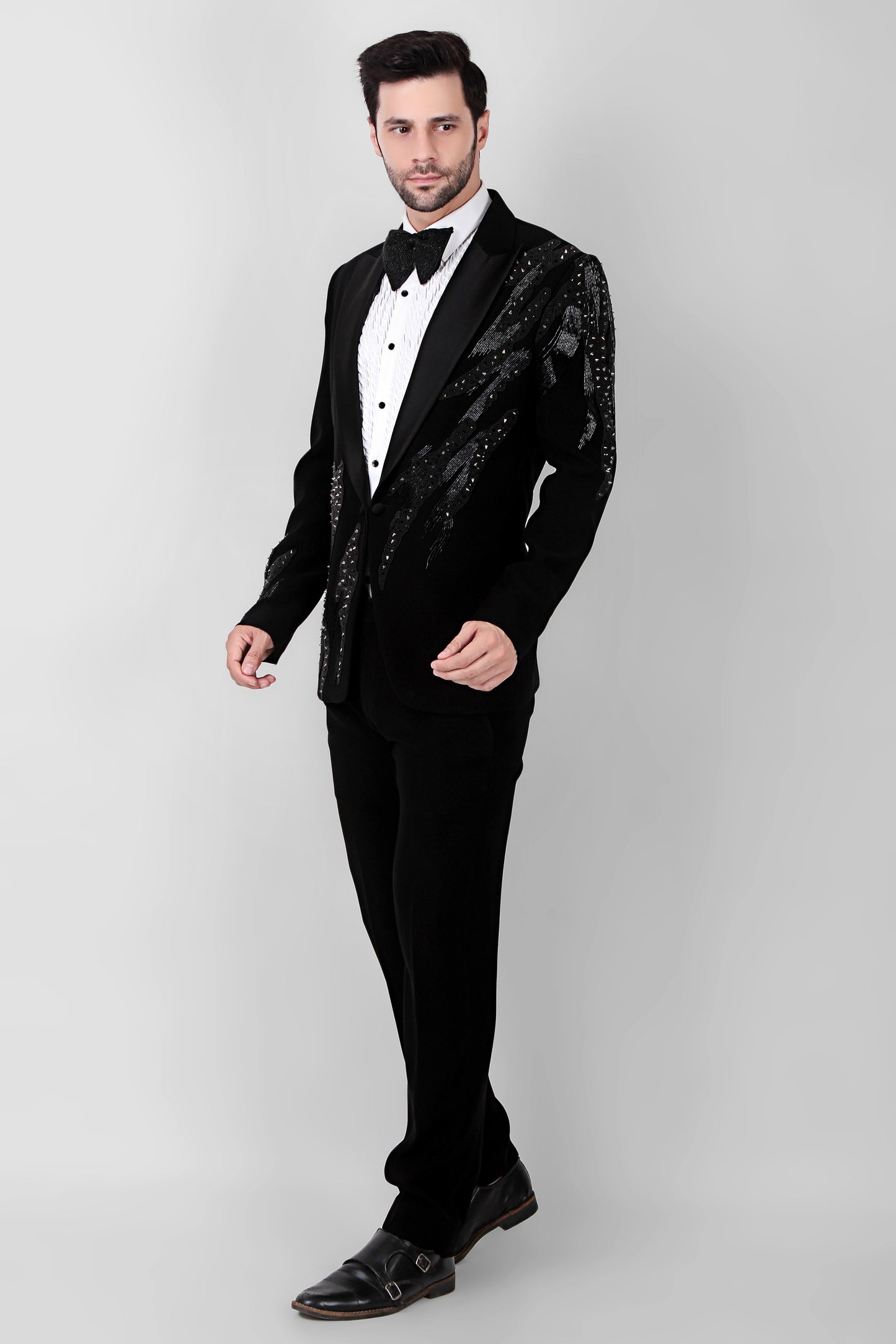 Front view - Men’s Tuxedo – Japanese Lycra in Black with Abstract Embroidery