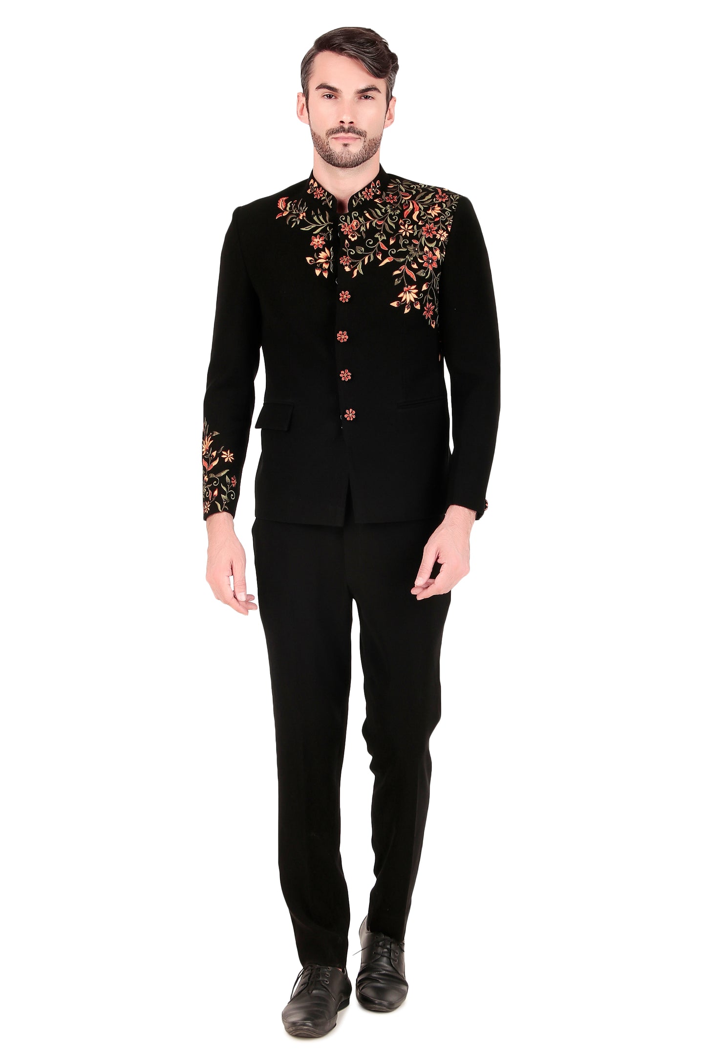 Side view - Men’s Bandhgala – Japanese Lycra in Black with Angrakha Bandhgala & Silk Thread Embroidery