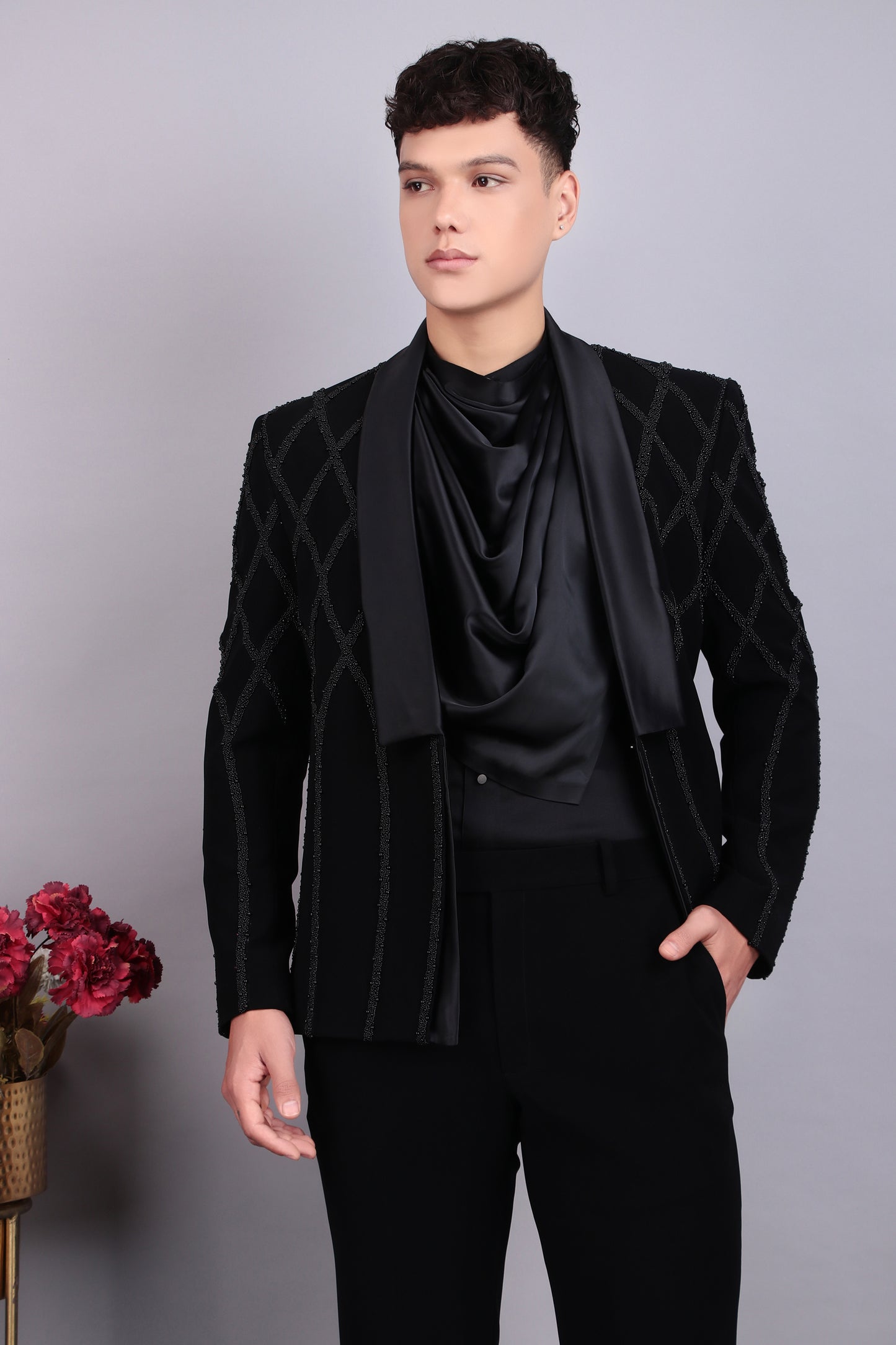 Detail view 4 - Men’s Tuxedo – Japanese Lycra in Black with Beads Embroidery