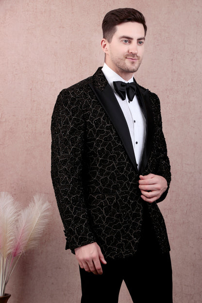 Men’s Tuxedo – Japanese Lycra in Black with Abstract Zari Embroidery | One Man Show