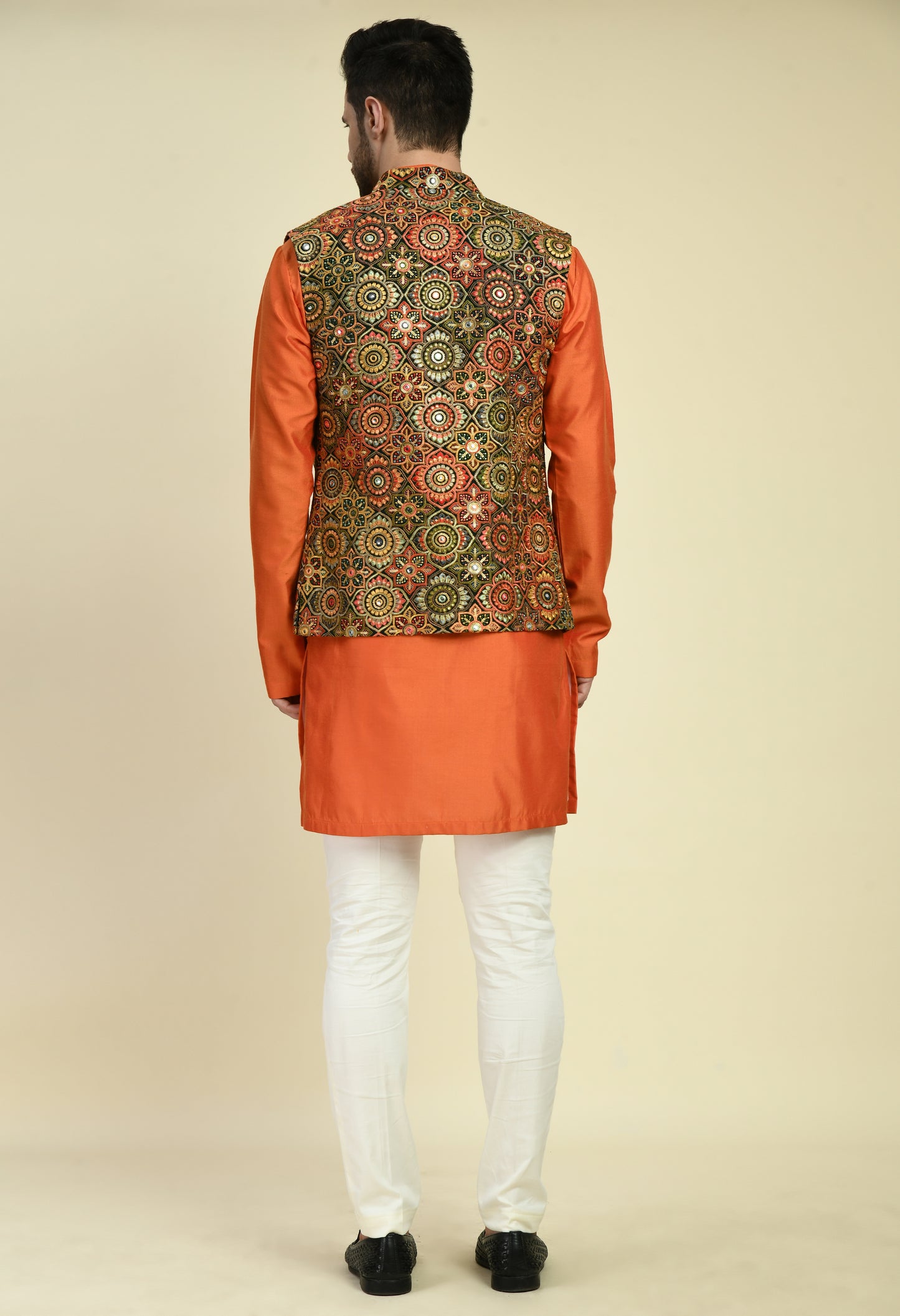 Back view - Men’s Nehru Jacket – Silk Georgette in Orange with Silk Thread Embroidery