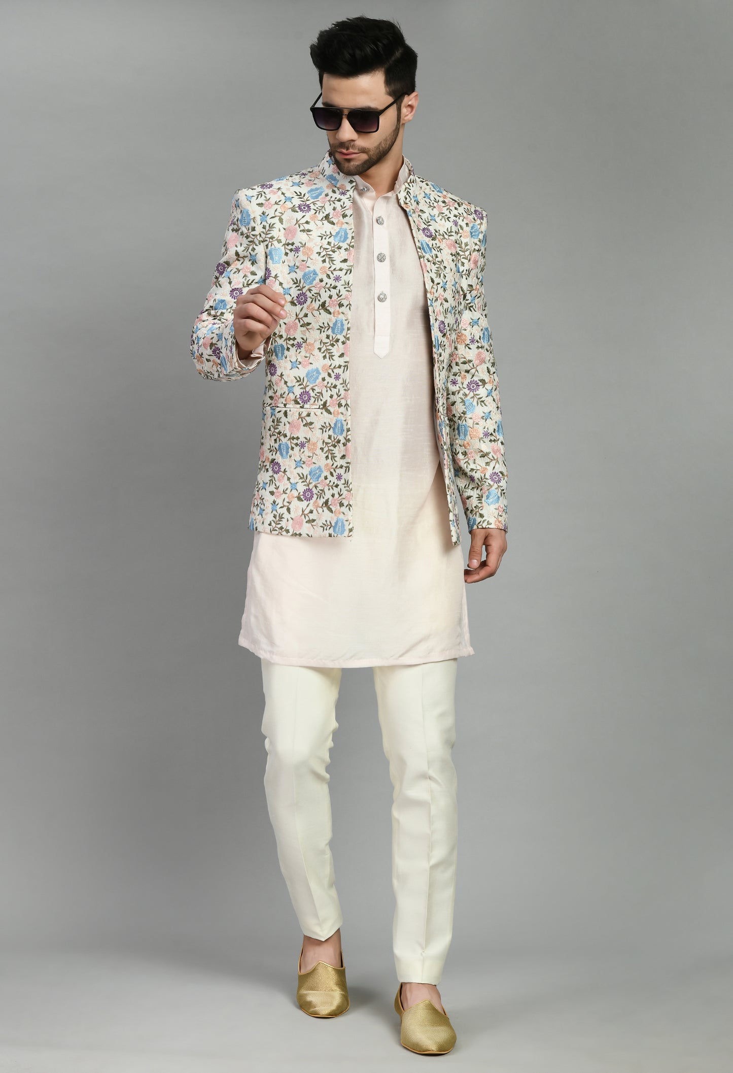 Back view - Men’s Indo-Western – Silk Kurta in Multi Color with Multi Color Floral Silk Thread Embroidery
