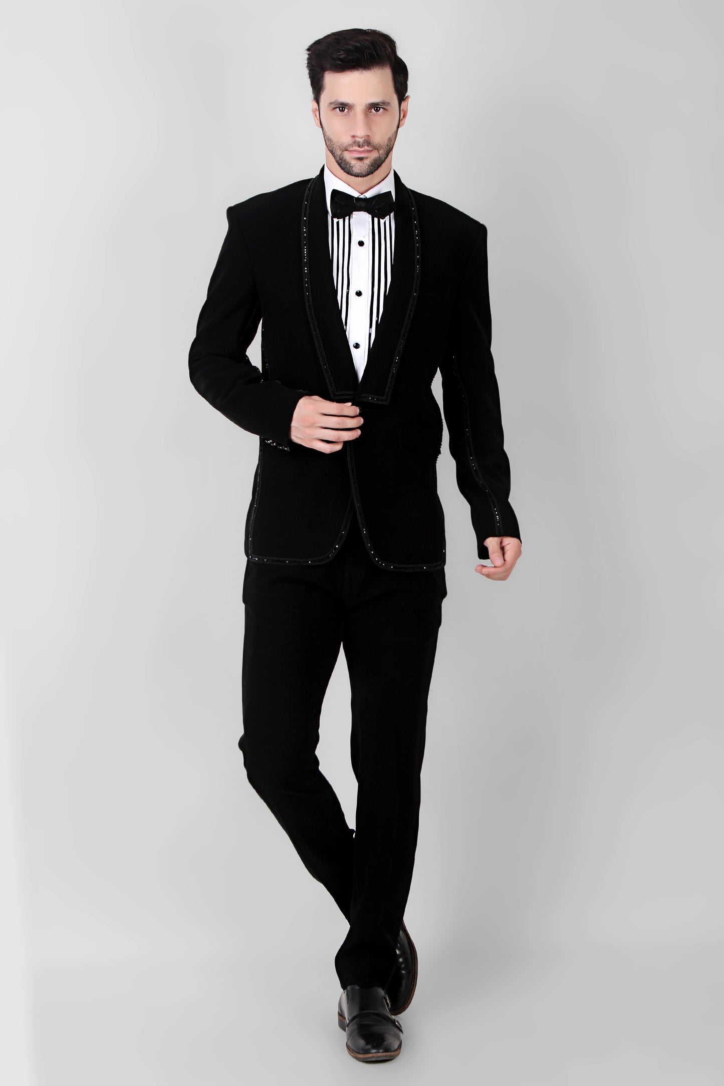 Back view - Men’s Tuxedo – Japanese Lycra in Black with Glass Bead Embroidery