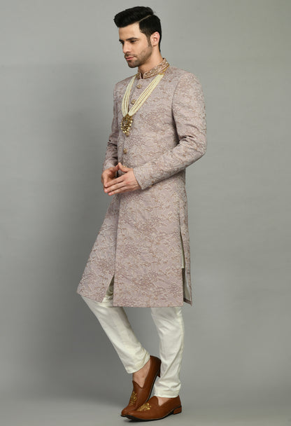 Men’s Sherwani – Silk in Pink with Detailed Hand Embroidery Allover | One Man Show
