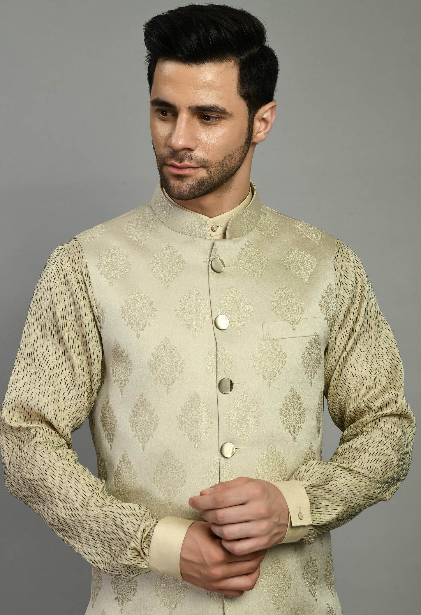 Back view - Men’s Nehru Jacket – Silk Jaquard in Cream with Threadwork Chevron Print