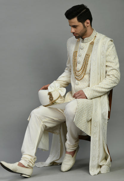 Men’s Sherwani – Silk in Ivory with Detailed Hand Embroidery Allover | One Man Show