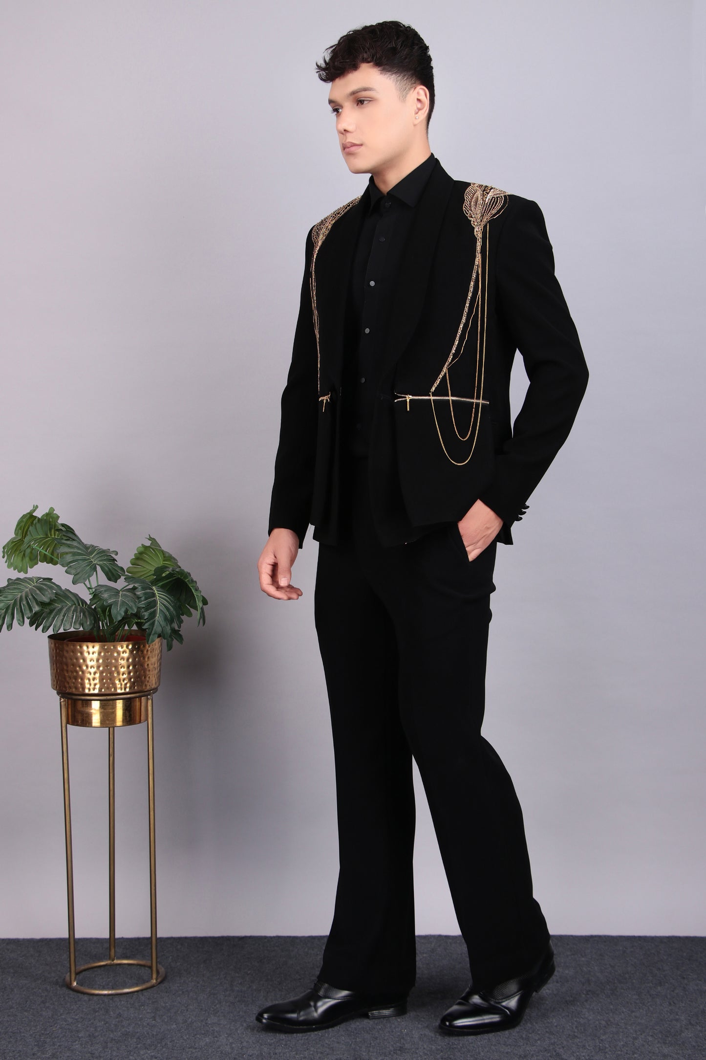 Front view - Men’s Tuxedo – Japanese Lycra in Black with Golden Embroidery