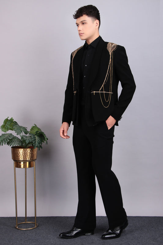 Men’s Tuxedo – Japanese Lycra in Black with Golden Embroidery | One Man Show