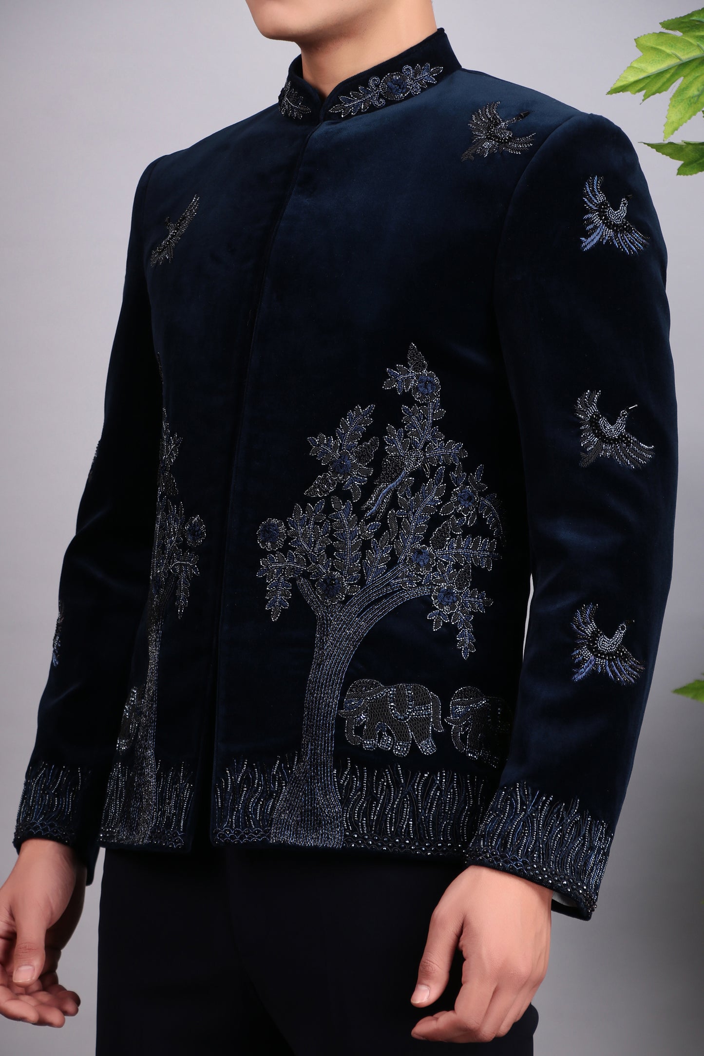 Detail view 2 - Men’s Bandhgala – Cotton Velvet in Blue with Hand Embroidery