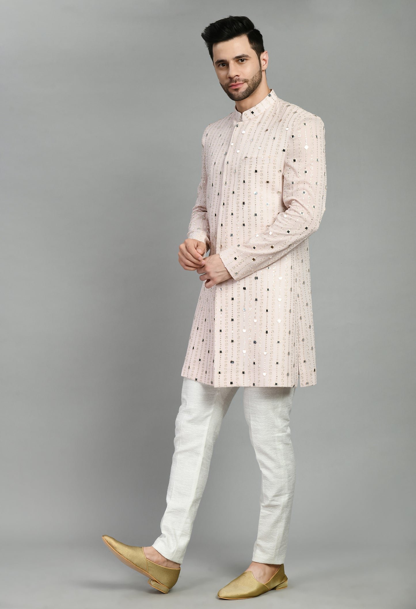 Men’s Indo-Western – Silk Georgette in Pink with Mirror Work Embroidery | One Man Show