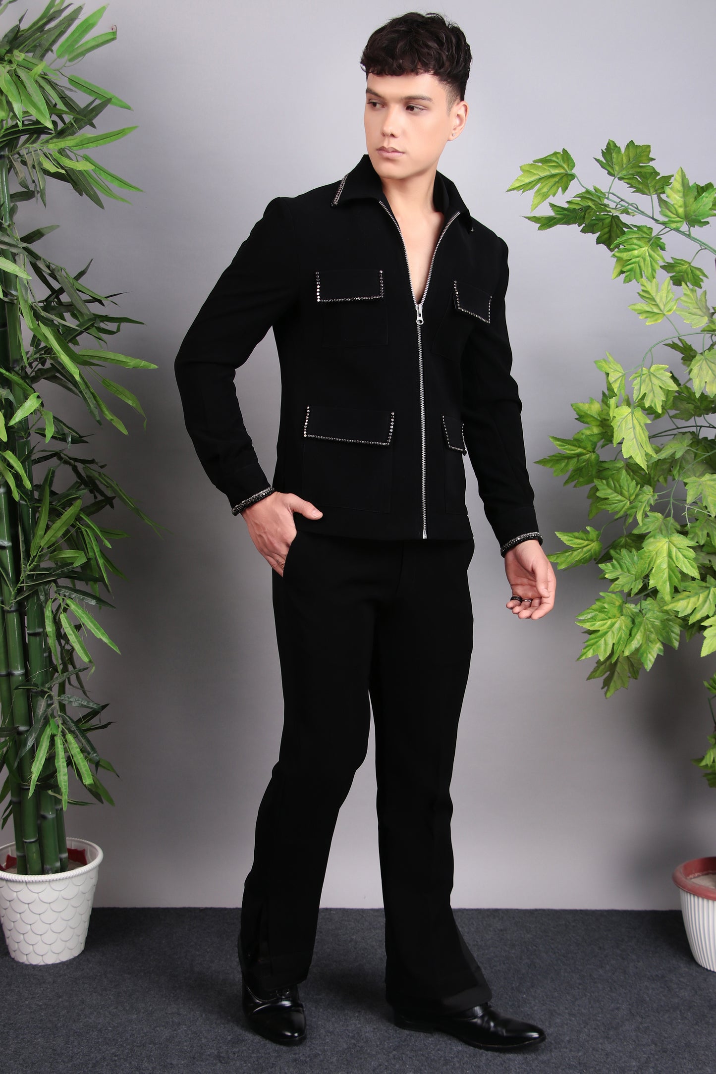 Back view - Men’s Tuxedo – Japanese Lycra in Black with Hand Embroidery