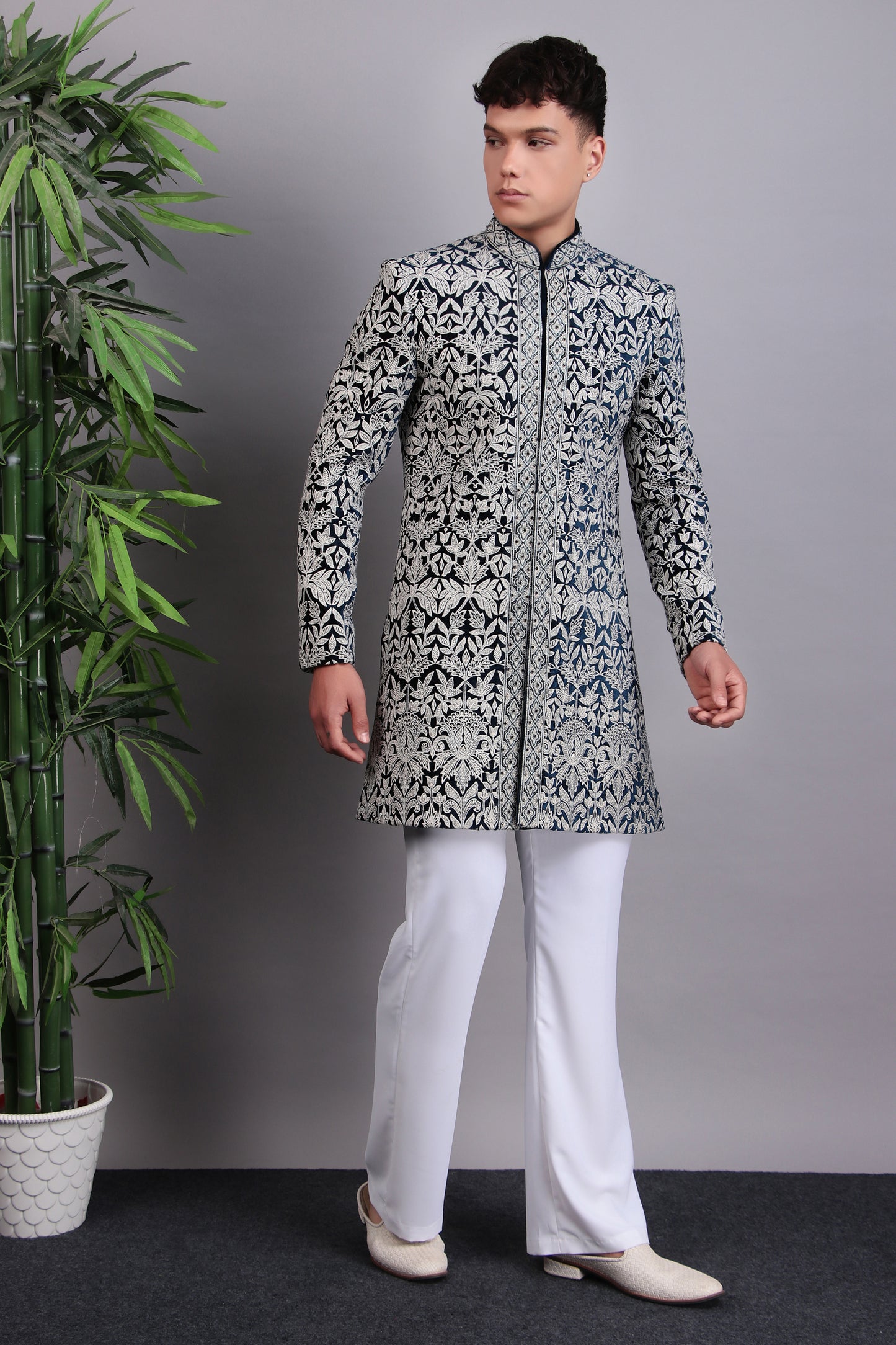Side view - Men’s Indo-Western – Velvet Embroidered Fabric in Blue with Directional Embroidery