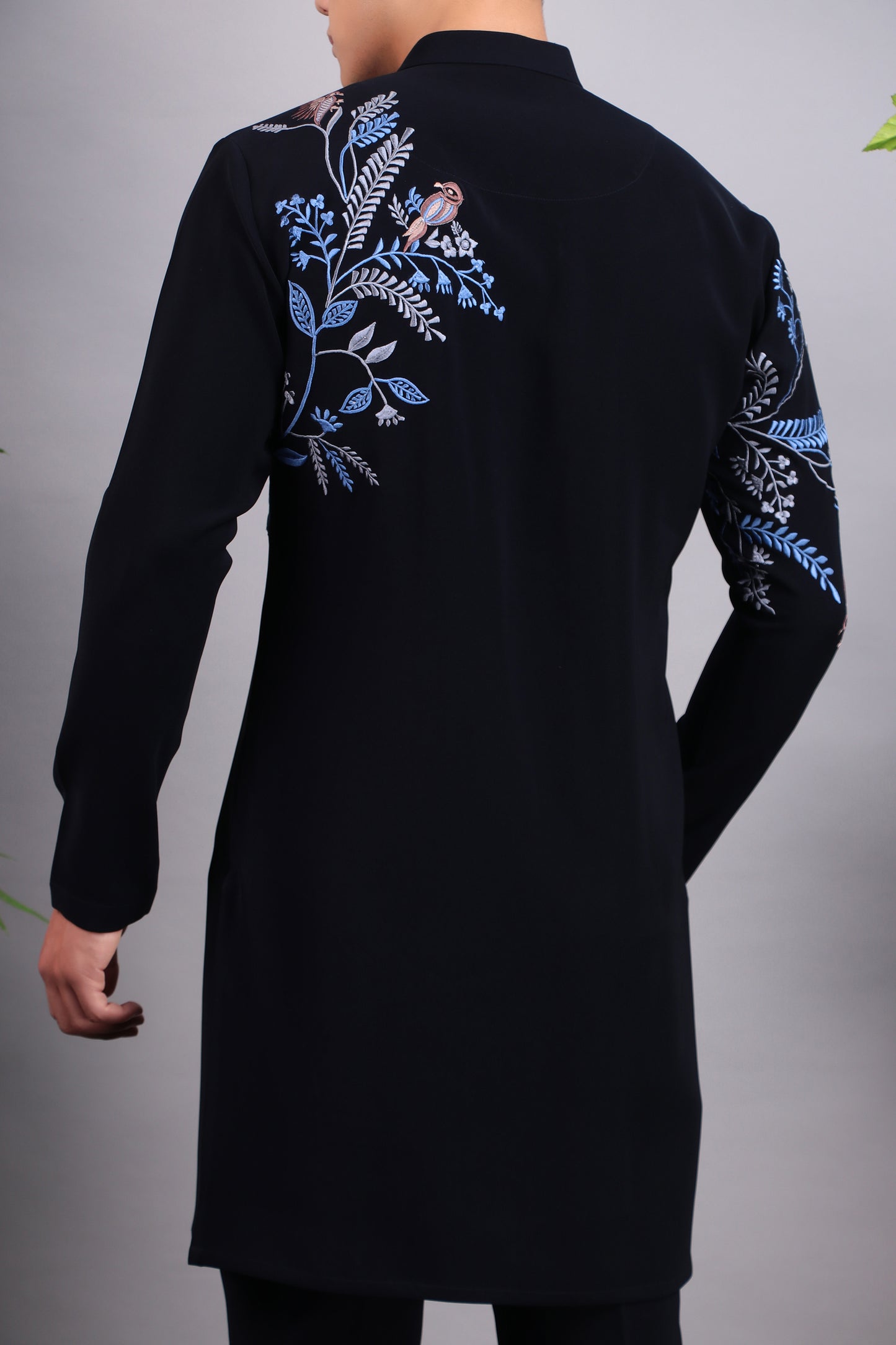 Detail view 2 - Men’s Kurta Set – Japanese Lycra in Blue with Blue Silk Thread Placement Embroidery