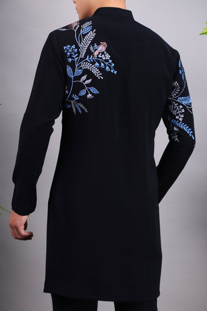 Men’s Kurta Set – Japanese Lycra in Blue with Blue Silk Thread Placement Embroidery | One Man Show