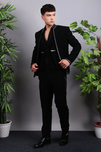 Men’s Tuxedo – Japanese Lycra in Black with Modern Front Zipper Jacket | One Man Show